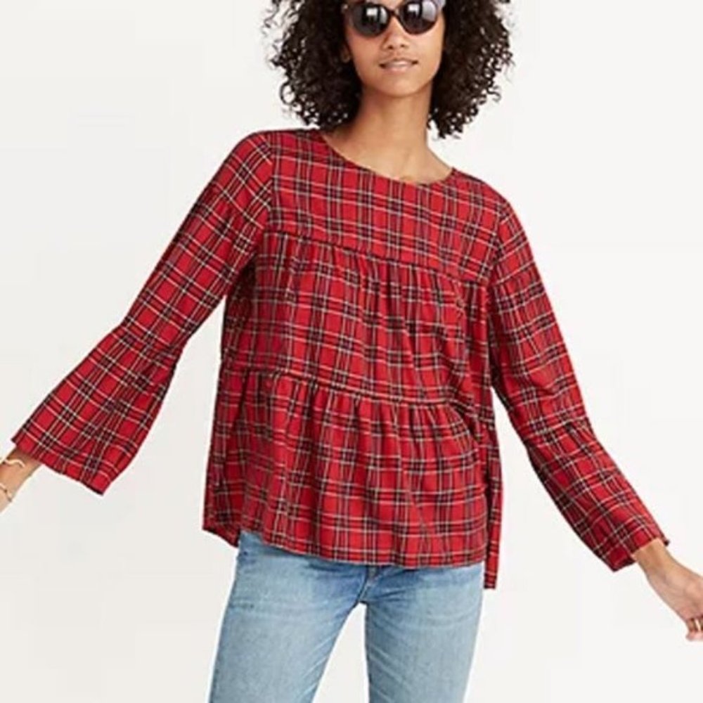 Madewell Red Plaid Tiered Button Back Top Cozy Flannel Style Size XXS